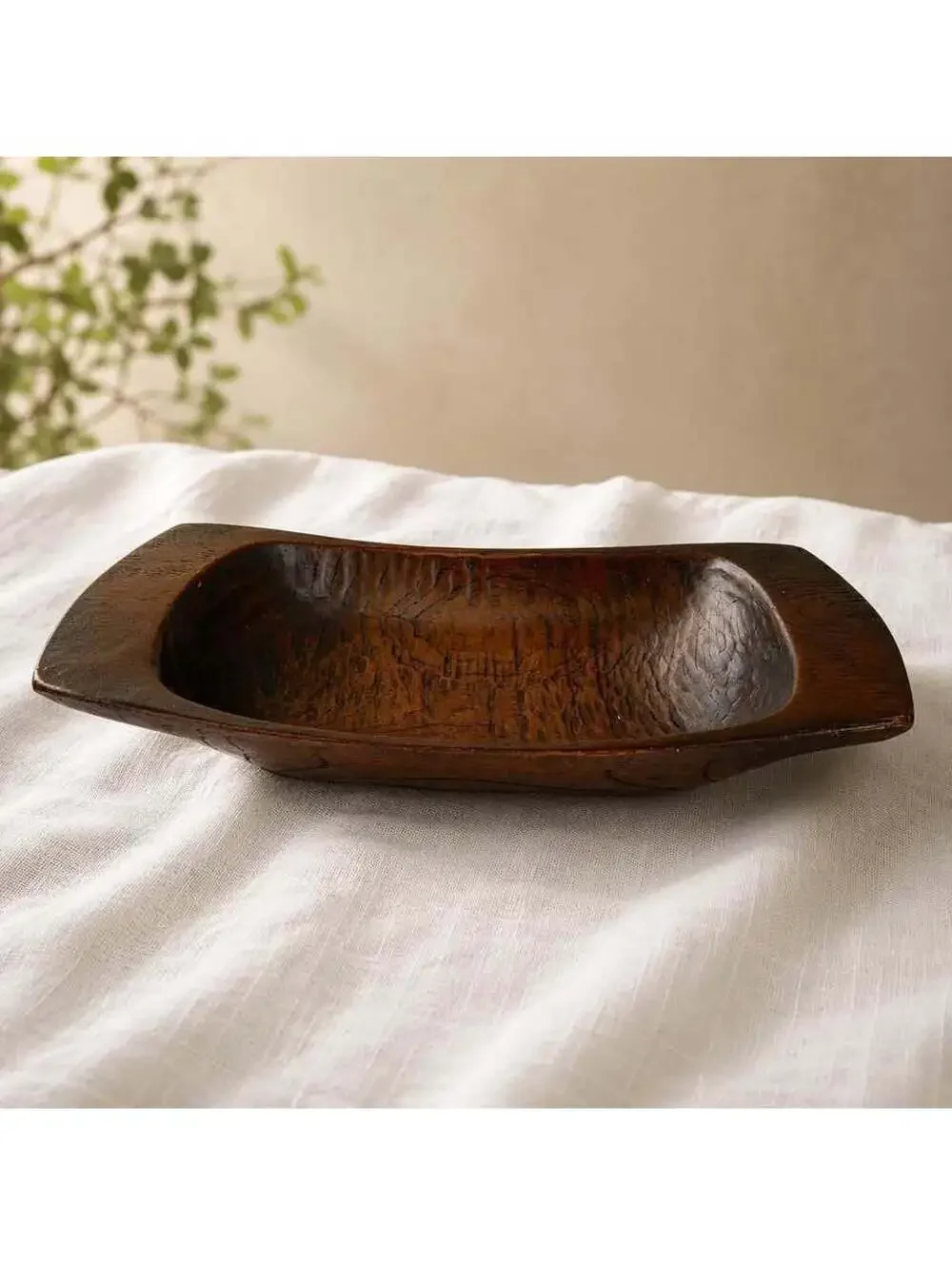 Vintage Japanese Carved Wood Bowl Tray 10” Signed Artisan Handled Rustic Decor
